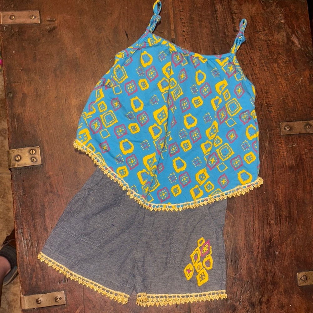 Blue and Yellow Patterned Tank Top and Shorts Set